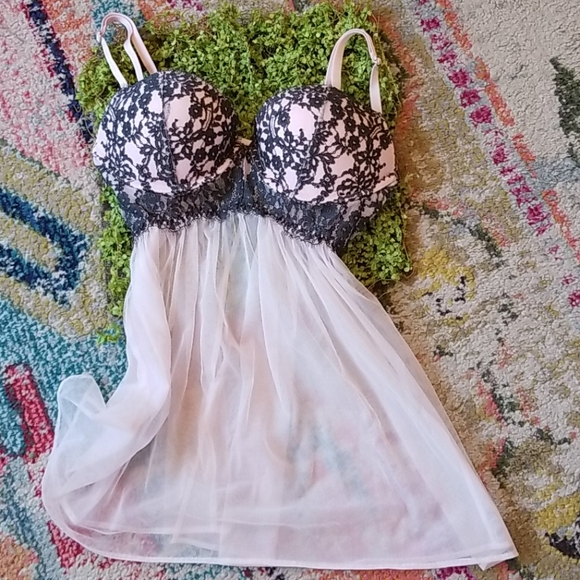 Victoria's Secret Other - 🍒VICTORIA'S SECRET Pink Black LACE BaBy Doll 34C